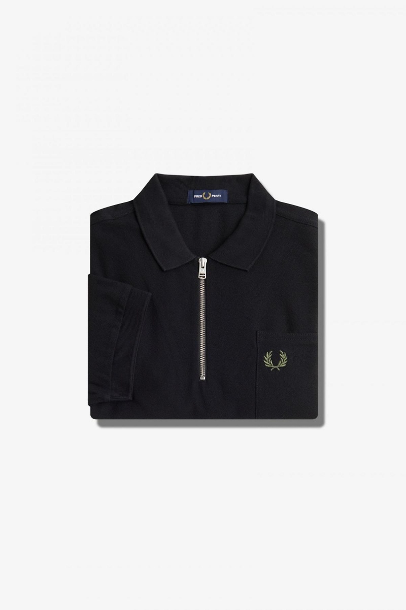 Black Fred Perry Textured Zip Neck Polo Shirt Men's Polo Shirts | DCAVO94902