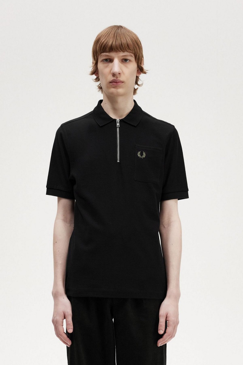 Black Fred Perry Textured Zip Neck Polo Shirt Men\'s Polo Shirts | DCAVO94902