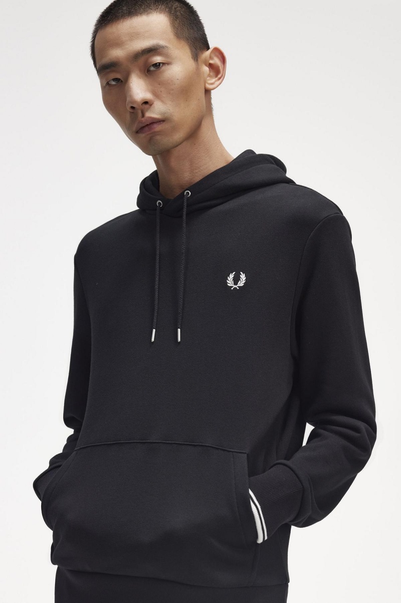 Black Fred Perry Tipped Hooded Men's Sweatshirts | CADFL21687