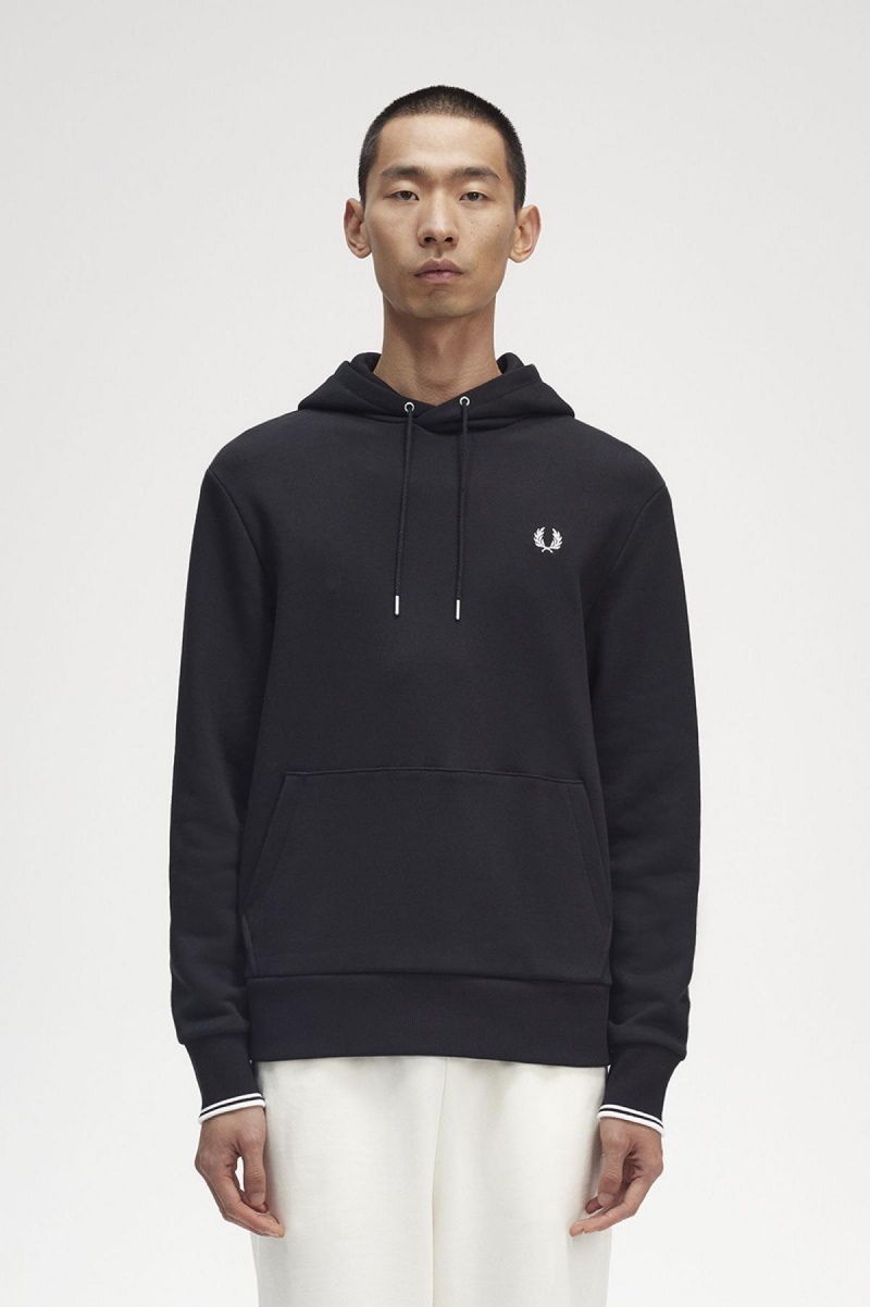 Black Fred Perry Tipped Hooded Men\'s Sweatshirts | CADFL21687