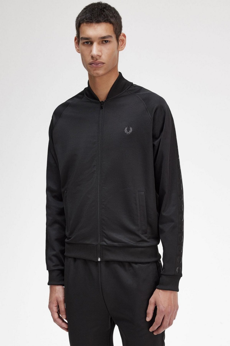 Black Fred Perry Tonal Tape Men's Track Jackets | CAIIZ96453