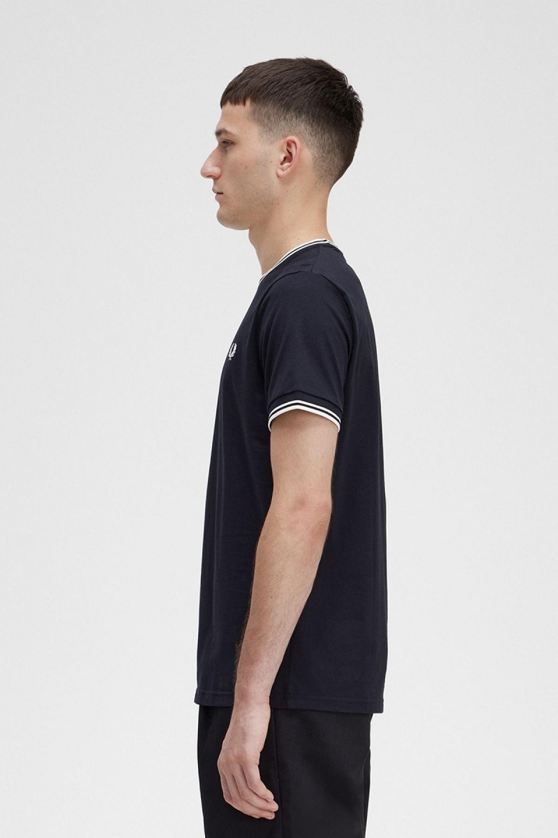 Black Fred Perry Twin Tipped Men's T Shirts | CADFL72843