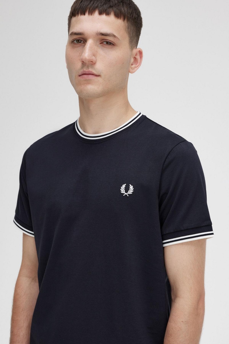 Black Fred Perry Twin Tipped Men's T Shirts | CADFL72843