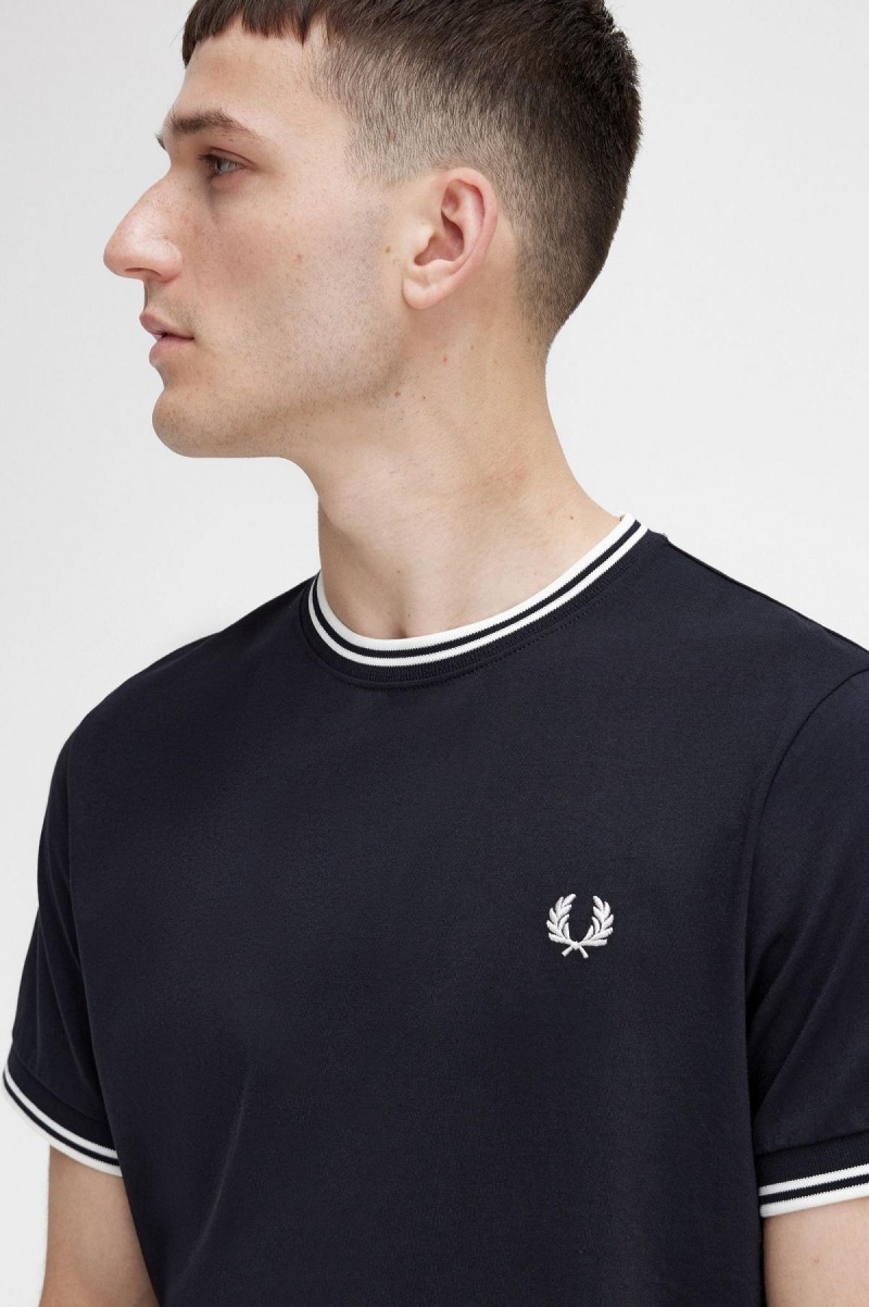 Black Fred Perry Twin Tipped Men's T Shirts | CADFL72843