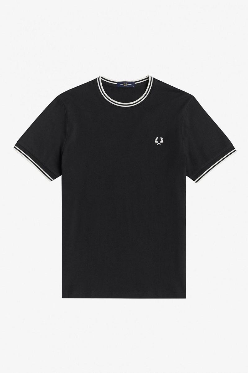 Black Fred Perry Twin Tipped Men's T Shirts | CADFL72843