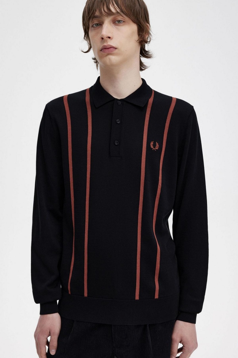 Black Fred Perry Vertical Stripe Knitted Shirt Men's Knitwear | YCAGT34270