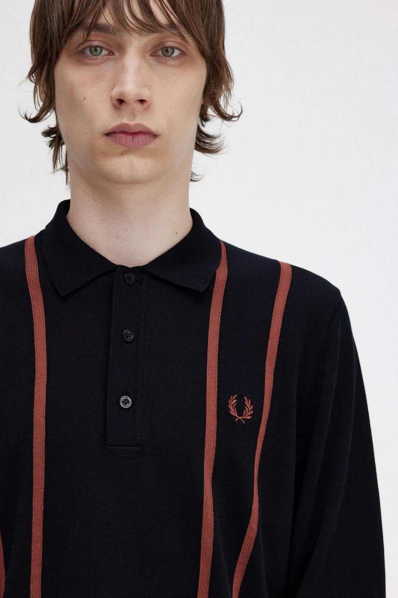 Black Fred Perry Vertical Stripe Knitted Shirt Men's Knitwear | YCAGT34270