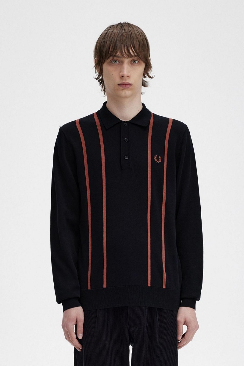 Black Fred Perry Vertical Stripe Knitted Shirt Men\'s Knitwear | YCAGT34270