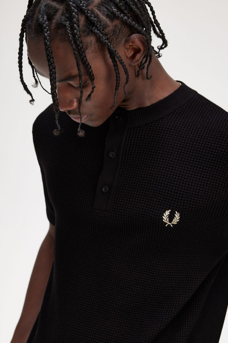 Black Fred Perry Waffle Stitch Henley Shirt Men's Knitwear | ACADF58484