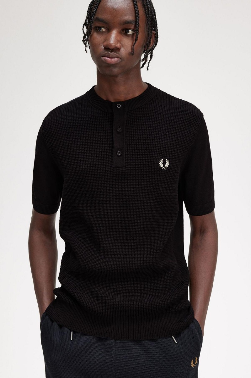 Black Fred Perry Waffle Stitch Henley Shirt Men's Knitwear | ACADF58484