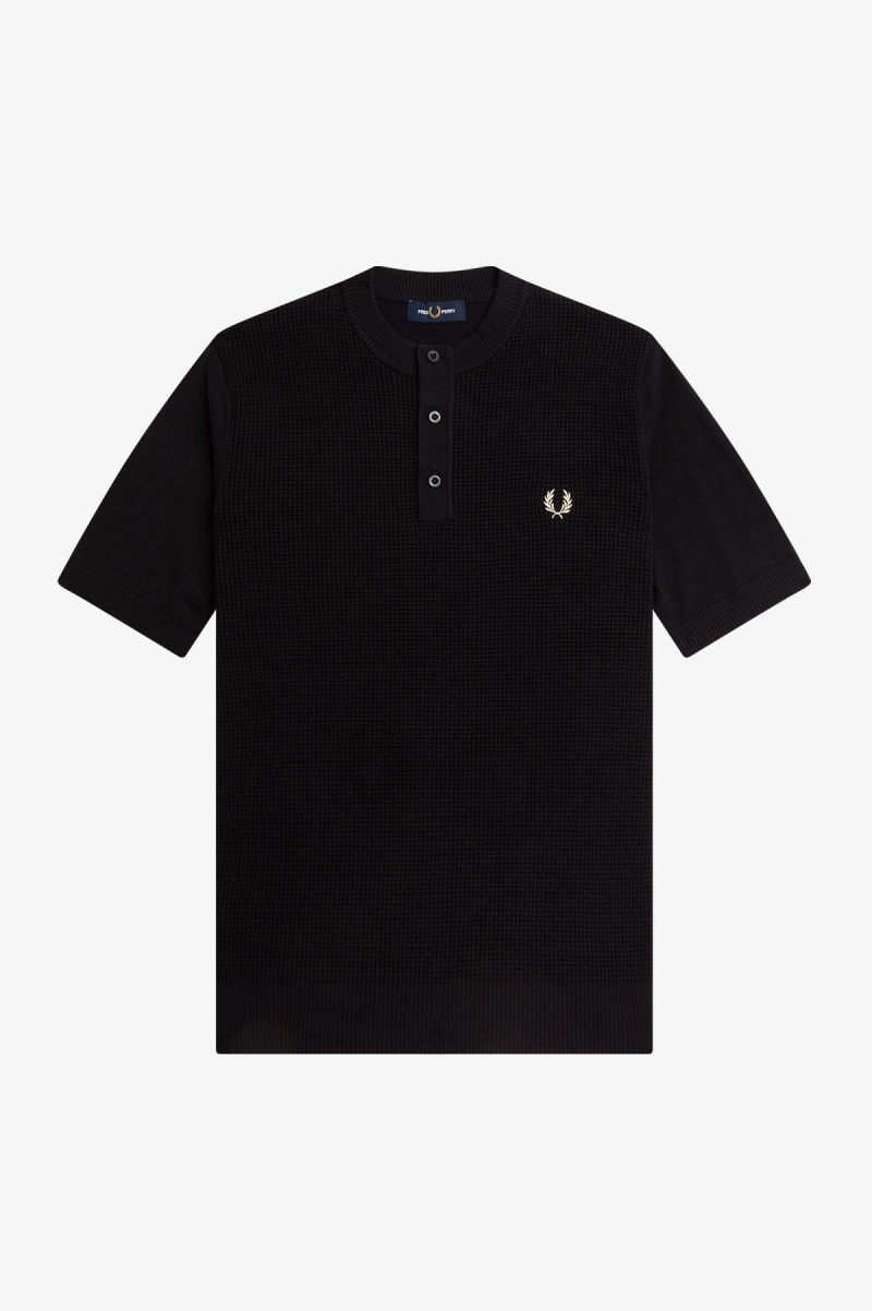 Black Fred Perry Waffle Stitch Henley Shirt Men's Knitwear | ACADF58484