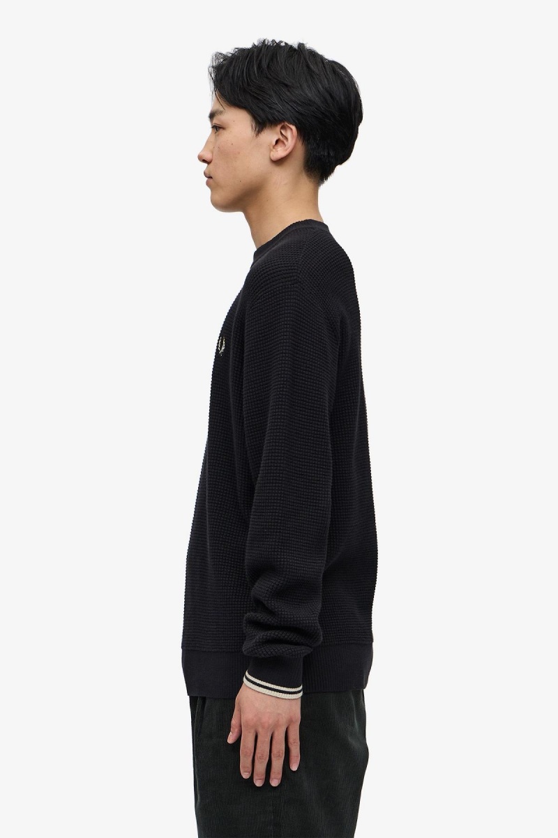 Black Fred Perry Waffle Stitch Jumper Men's Knitwear | CAEAH17361