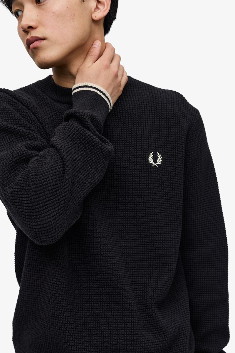 Black Fred Perry Waffle Stitch Jumper Men's Knitwear | CAEAH17361