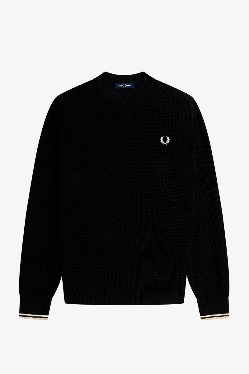 Black Fred Perry Waffle Stitch Jumper Men's Knitwear | CAEAH17361