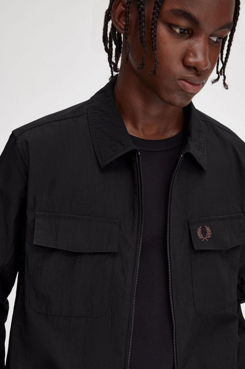 Black Fred Perry Zip-Through Men's Shirts | YCAGT25487