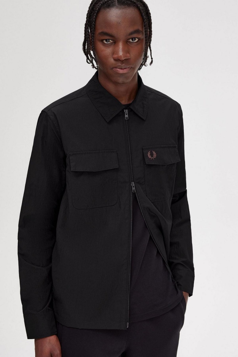 Black Fred Perry Zip-Through Men's Shirts | YCAGT25487