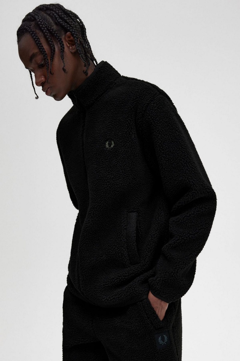 Black Fred Perry Zip Through Borg Fleece Men's Coats | CAEGJ53903