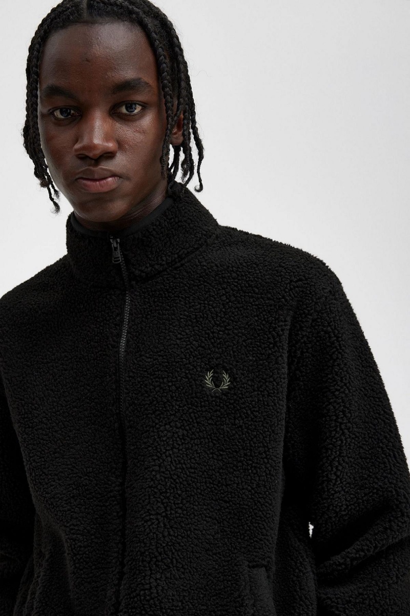 Black Fred Perry Zip Through Borg Fleece Men's Coats | CAEGJ53903