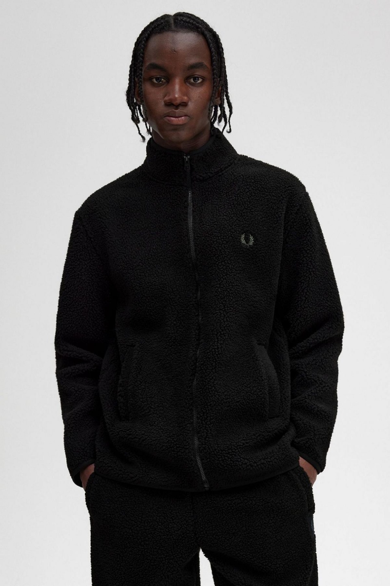 Black Fred Perry Zip Through Borg Fleece Men's Sweatshirts | CAEGJ49650