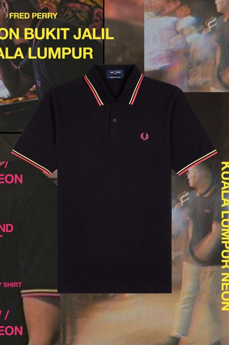 Black / Bright Yellow / Kuala Lumpur Neon Fred Perry M12 Men's Polo Shirts | UCAND16315