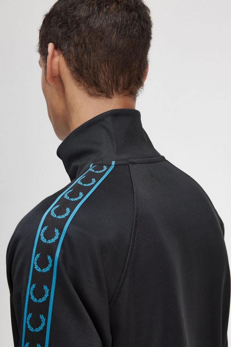 Black / Cyber Blue Fred Perry Contrast Tape Men's Track Jackets | MCAHR51604