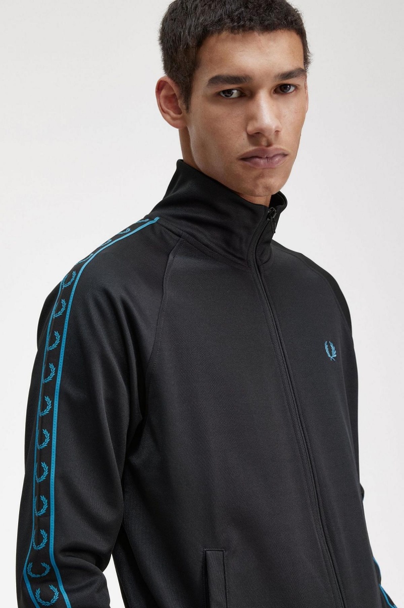 Black / Cyber Blue Fred Perry Contrast Tape Men's Track Jackets | MCAHR51604