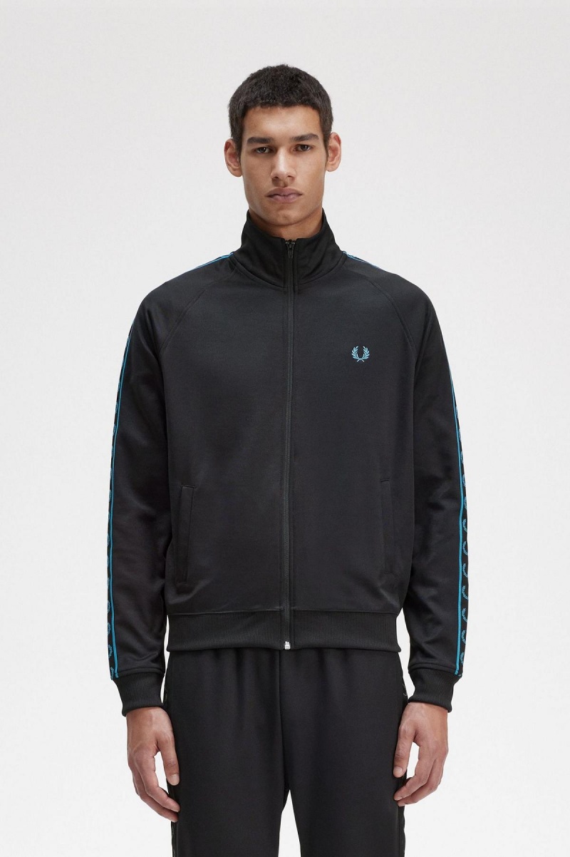 Black / Cyber Blue Fred Perry Contrast Tape Men\'s Track Jackets | MCAHR51604