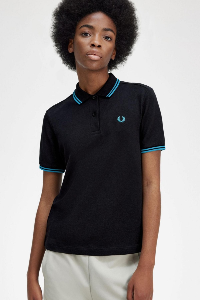 Black / Cyber Blue / Cyber Blue Fred Perry G3600 Women's Polo Shirts | CAEGJ21054