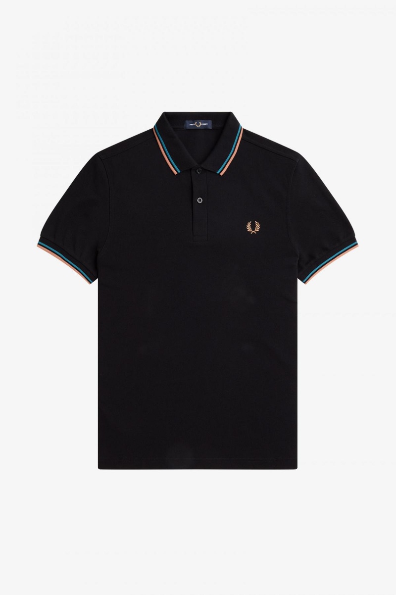 Black / Cyber Blue / Light Rust Fred Perry M3600 Men's Fred Perry Shirt | YCAVQ62149