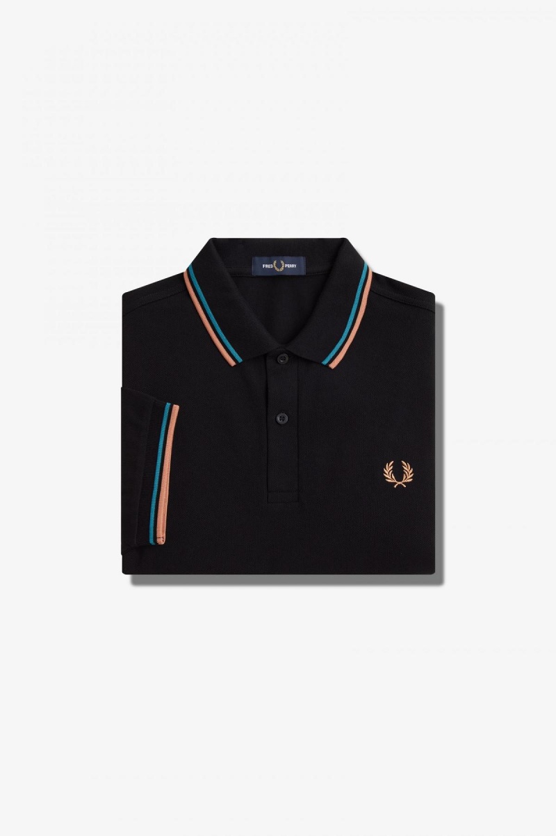 Black / Cyber Blue / Light Rust Fred Perry M3600 Men\'s Fred Perry Shirt | YCAVQ62149