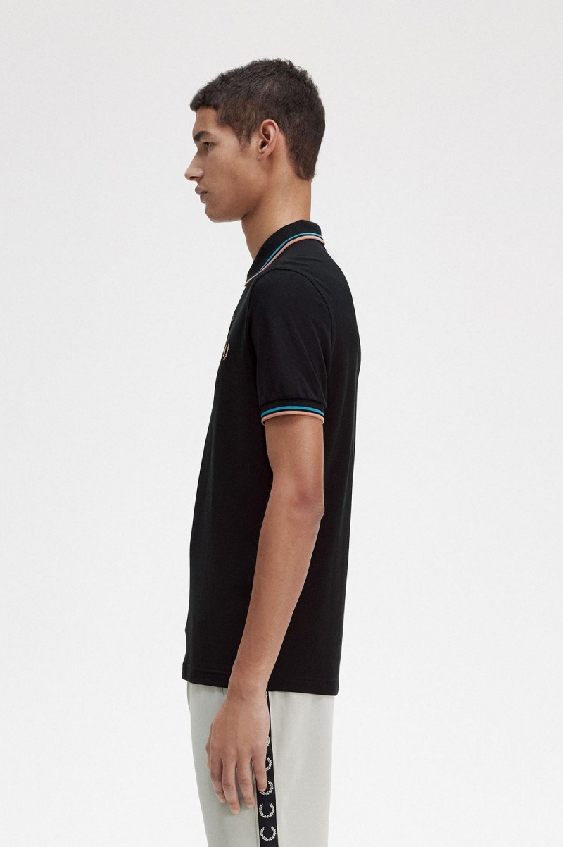 Black / Cyber Blue / Light Rust Fred Perry M3600 Men's Polo Shirts | YCAVQ98090