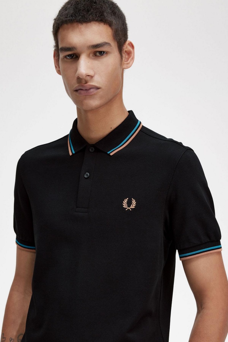 Black / Cyber Blue / Light Rust Fred Perry M3600 Men's Polo Shirts | YCAVQ98090