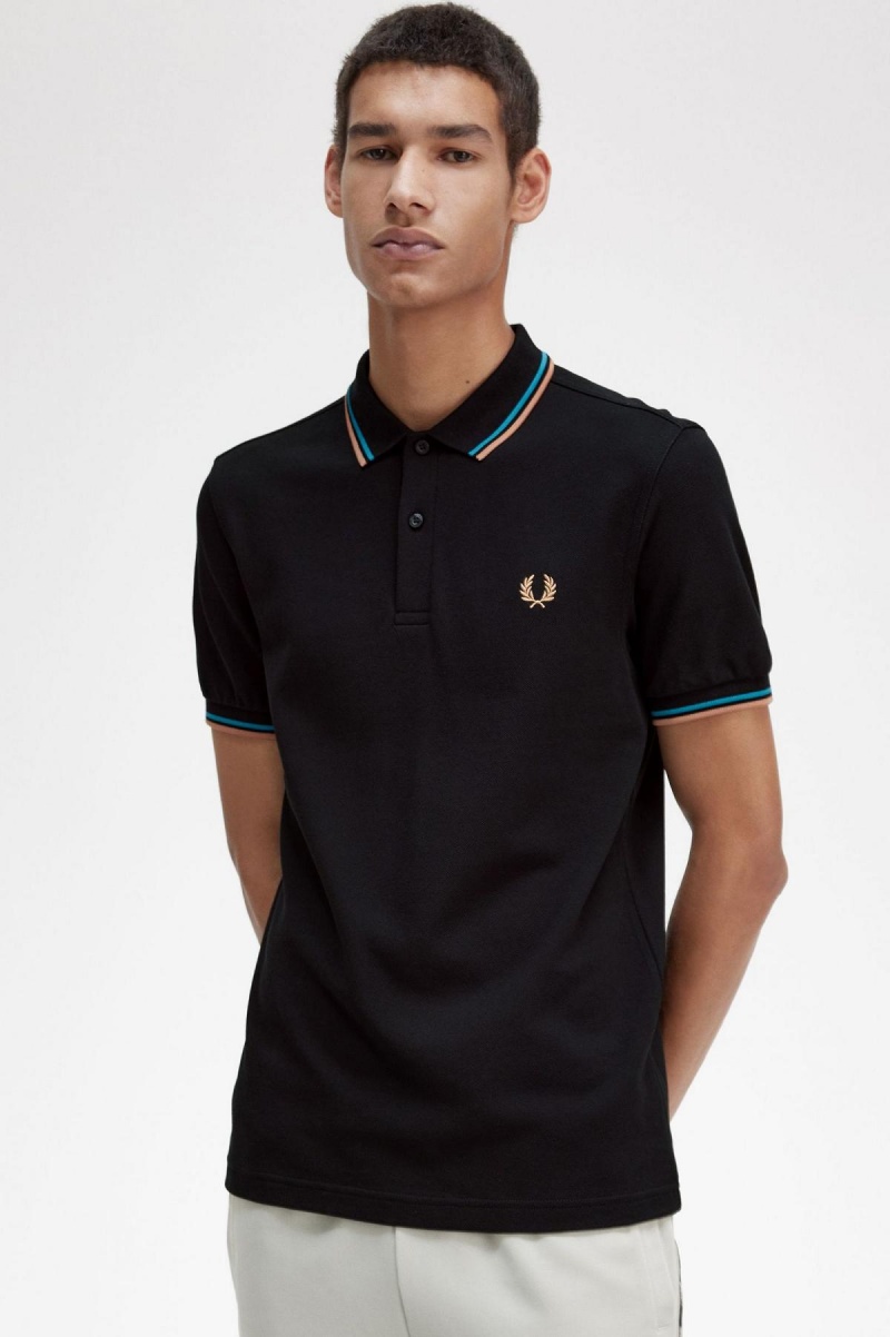 Black / Cyber Blue / Light Rust Fred Perry M3600 Men's Polo Shirts | YCAVQ98090