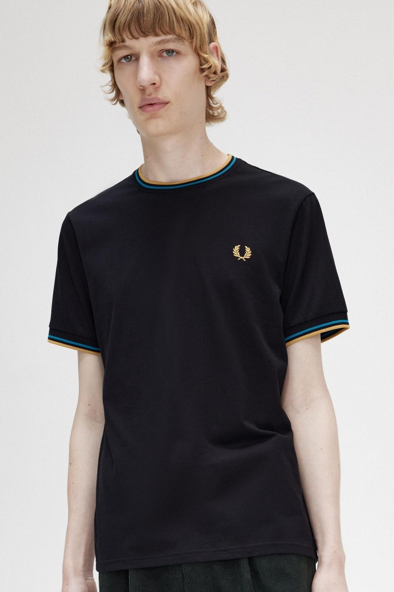 Black / Cyber Blue / Light Rust Fred Perry Twin Tipped Men's T Shirts | CANZX99739