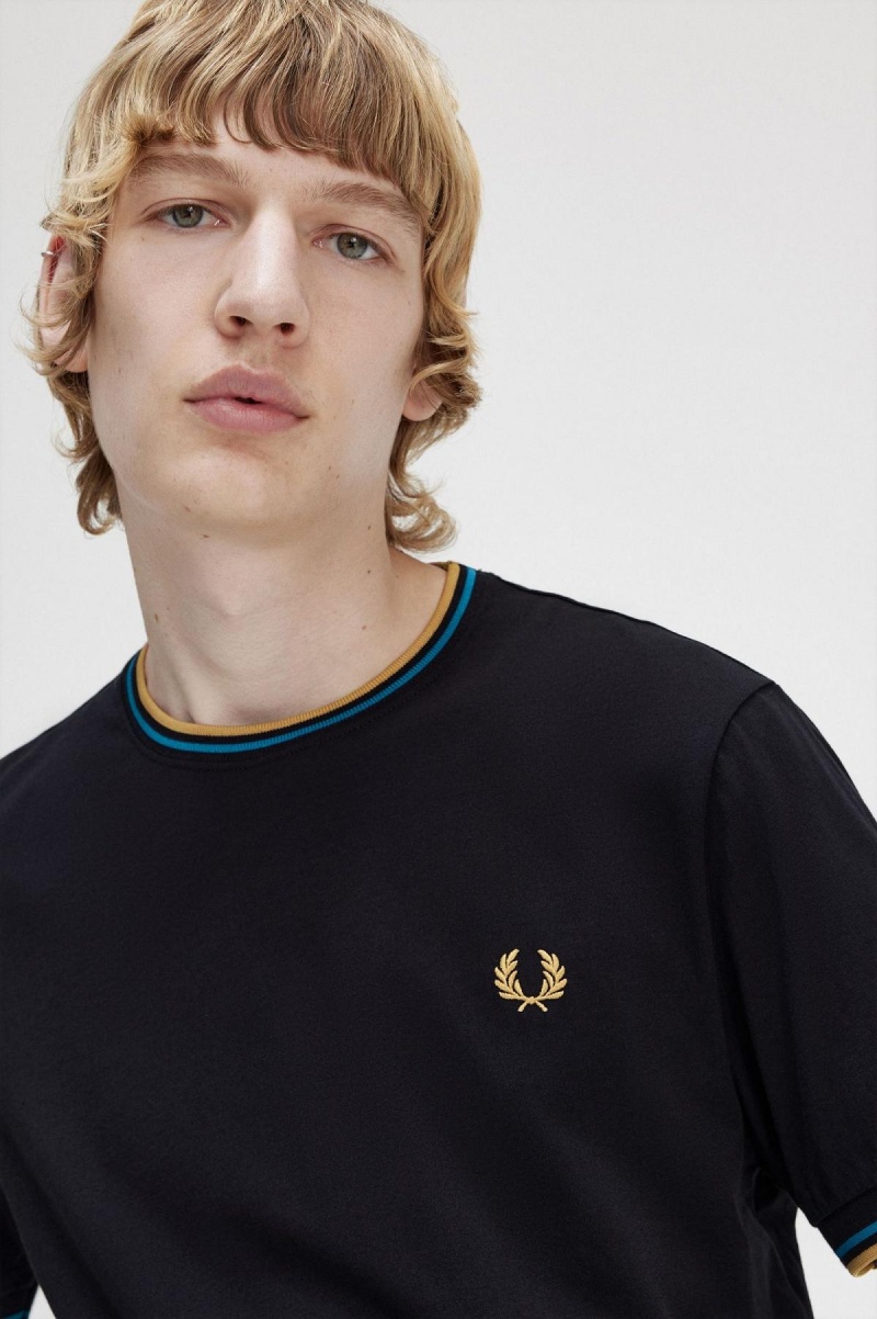 Black / Cyber Blue / Light Rust Fred Perry Twin Tipped Men's T Shirts | CANZX99739