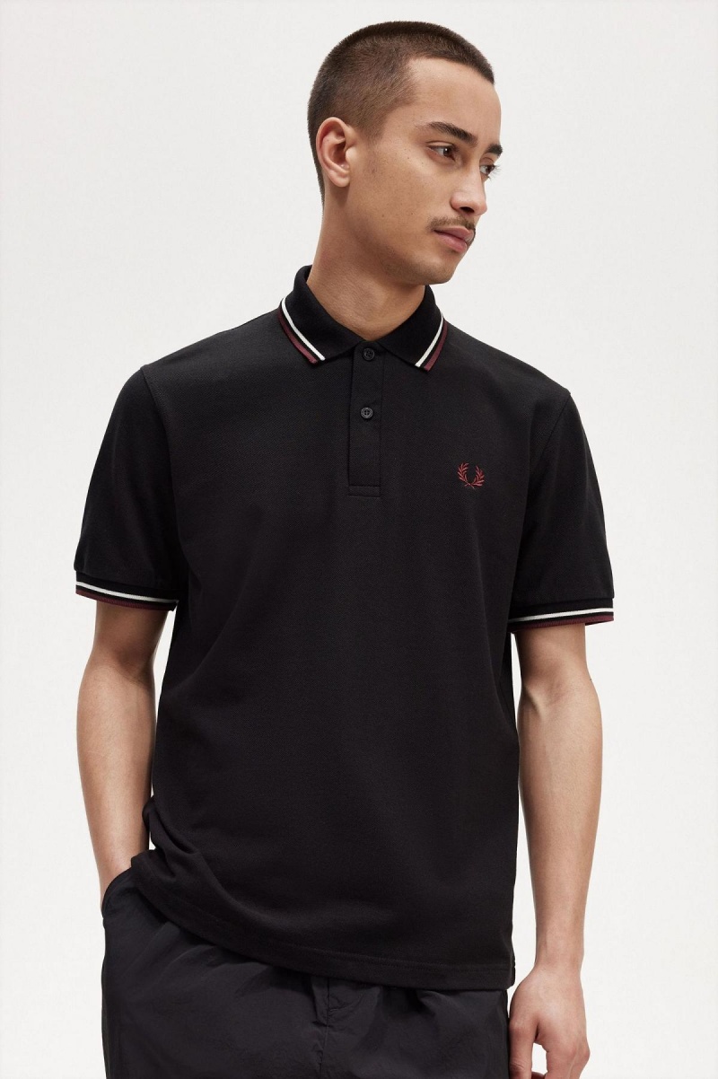 Black / Ecru / Oxblood Fred Perry M12 Men's Polo Shirts | CAJVR50537