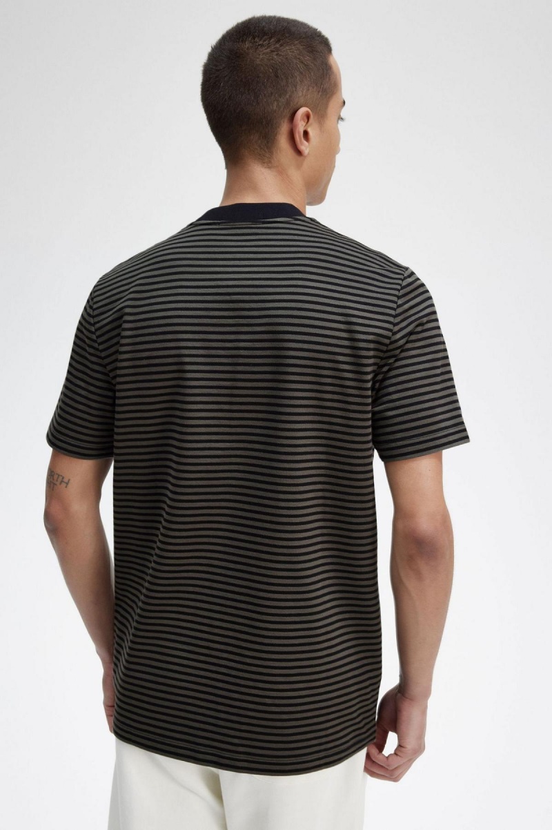 Black / Field Green Fred Perry Fine Stripe Heavyweight Men's T Shirts | CAZPD73314