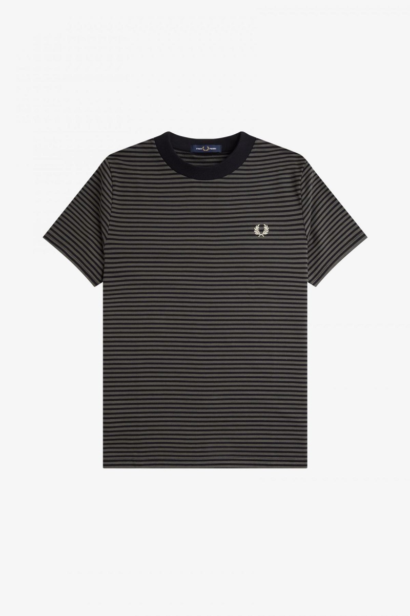 Black / Field Green Fred Perry Fine Stripe Heavyweight Men's T Shirts | CAZPD73314