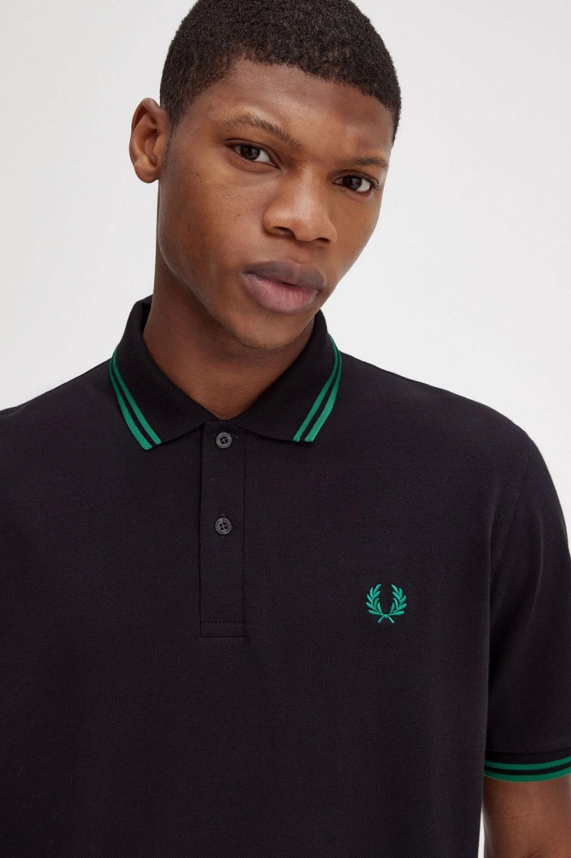 Black / Fred Perry Green / Fred Perry Green Fred Perry M12 Men's Polo Shirts | CADFL81860