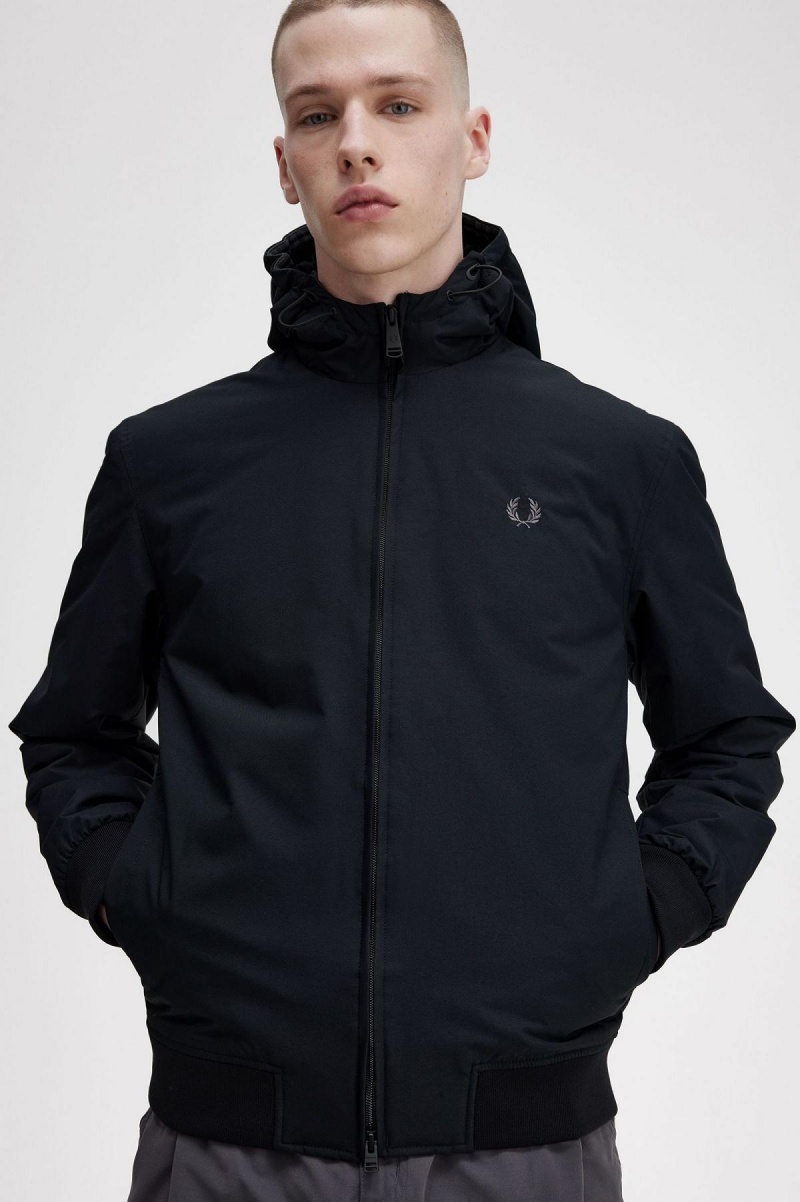 Black / Gunmetal Fred Perry Padded Hooded Brentham Men's Coats | CACVG53602