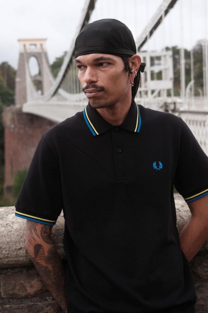 Black / Neon Green / Bristol Blue Fred Perry M12 Men's Polo Shirts | ACAWC19033