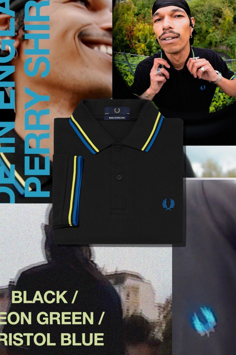 Black / Neon Green / Bristol Blue Fred Perry M12 Men's Polo Shirts | ACAWC19033