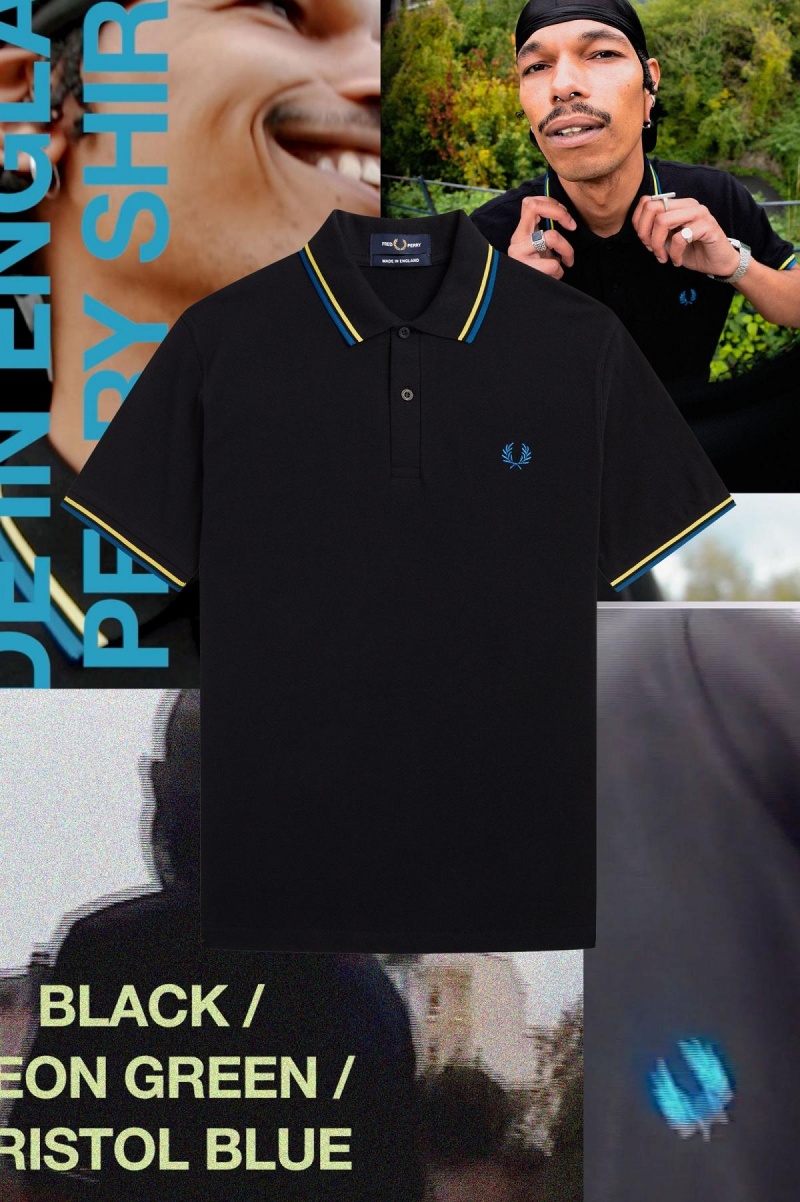 Black / Neon Green / Bristol Blue Fred Perry M12 Men's Polo Shirts | ACAWC19033