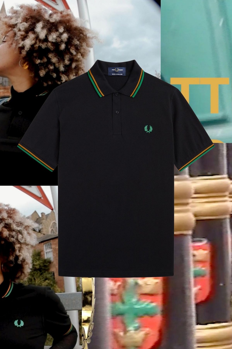 Black / Nottingham Gold / Forest Green Fred Perry M12 Men's Polo Shirts | DCAKV29147