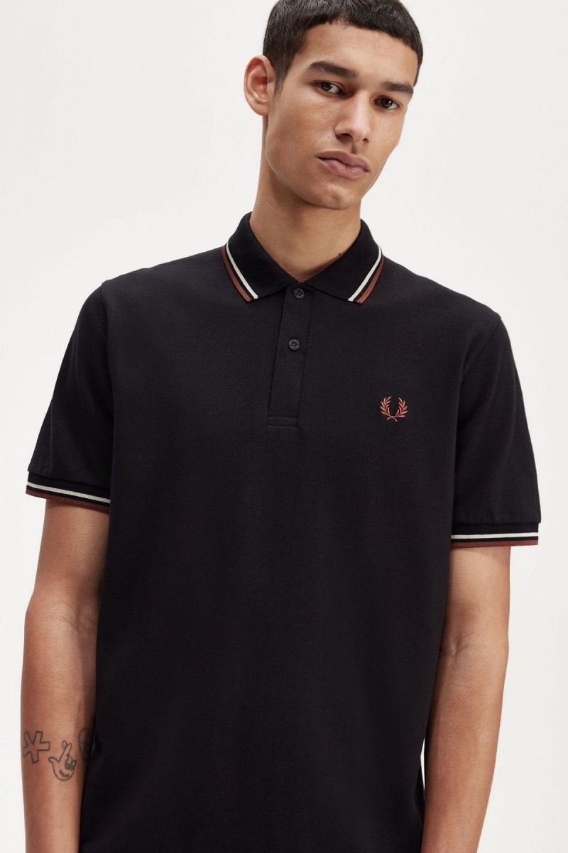 Black / Oatmeal / Whisky Brown Fred Perry M12 Men's Polo Shirts | CADYB80682