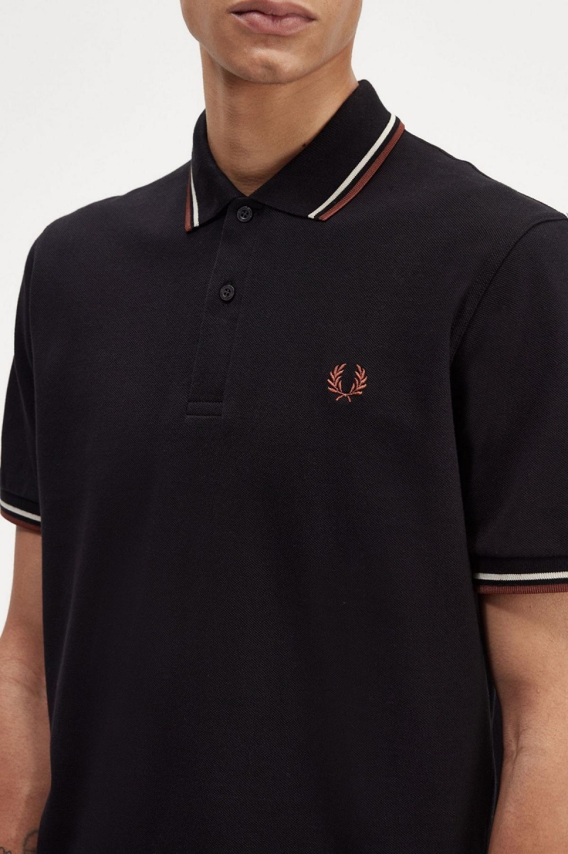 Black / Oatmeal / Whisky Brown Fred Perry M12 Men's Polo Shirts | CADYB80682