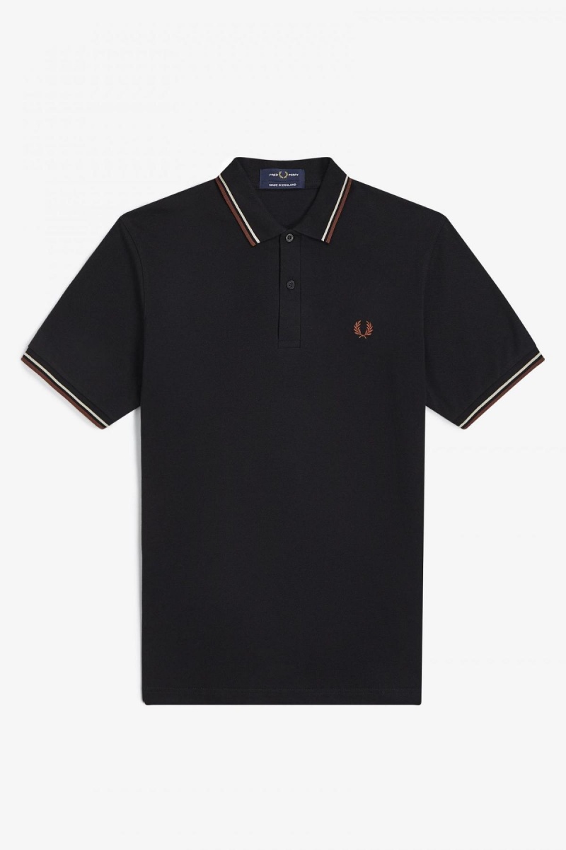 Black / Oatmeal / Whisky Brown Fred Perry M12 Men's Fred Perry Shirt | CAEGJ90777