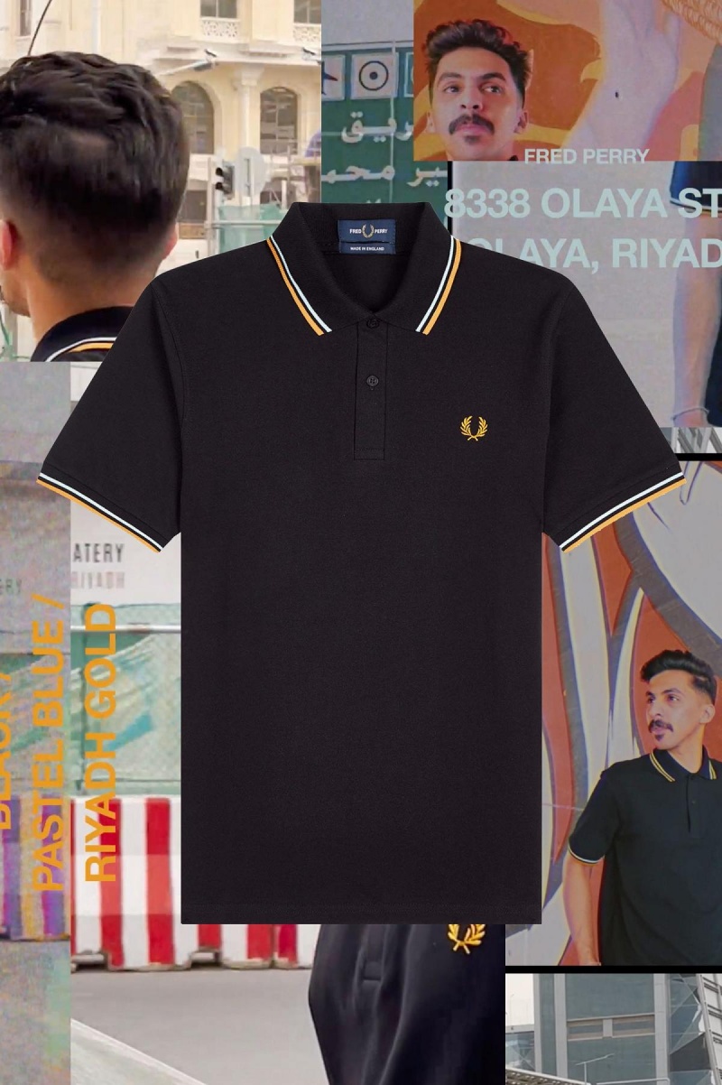 Black / Pastel Blue / Riyadh Gold Fred Perry M12 Men's Polo Shirts | ACADF35169