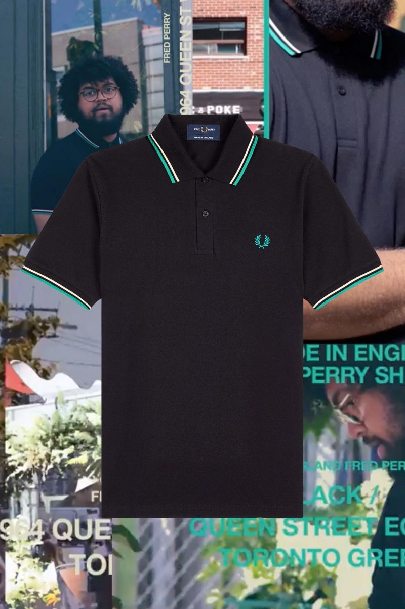 Black / Queen Street / Toronto Green Fred Perry M12 Men's Fred Perry Shirt | BCASD77116