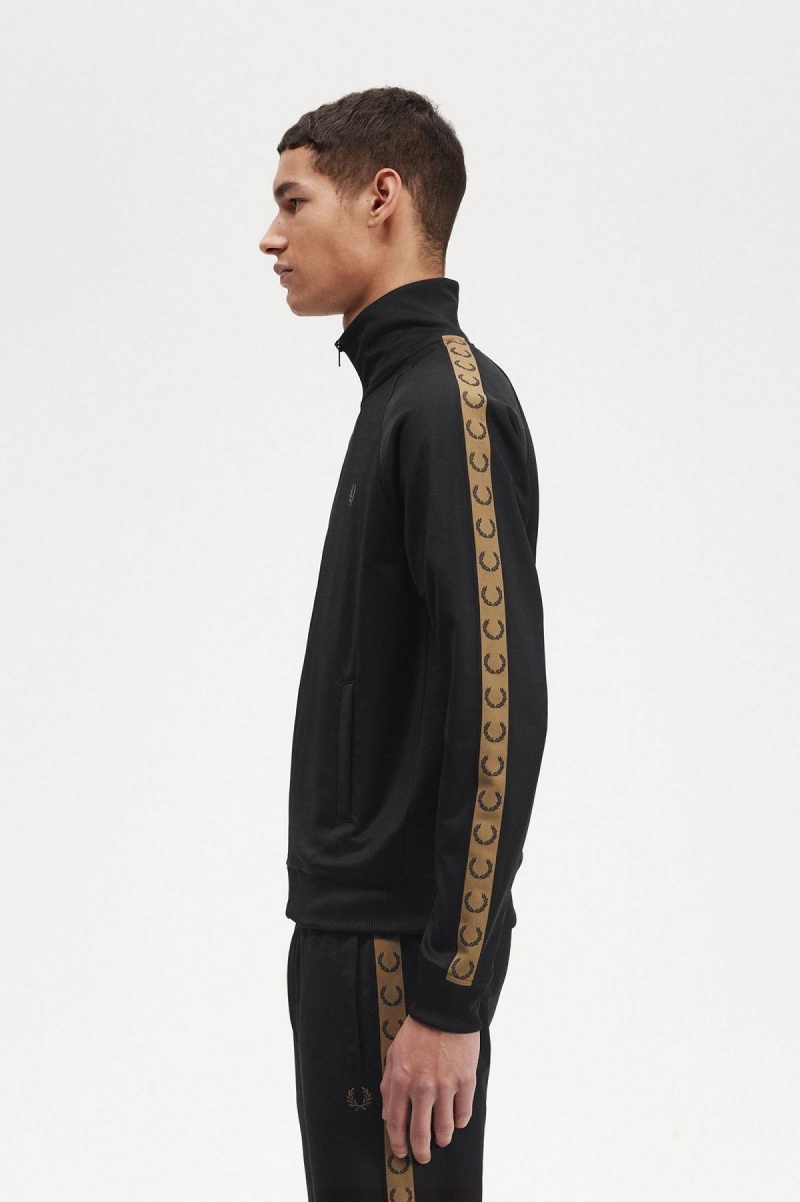 Black / Shaded Stone Fred Perry Contrast Tape Men's Track Jackets | CACVG92965